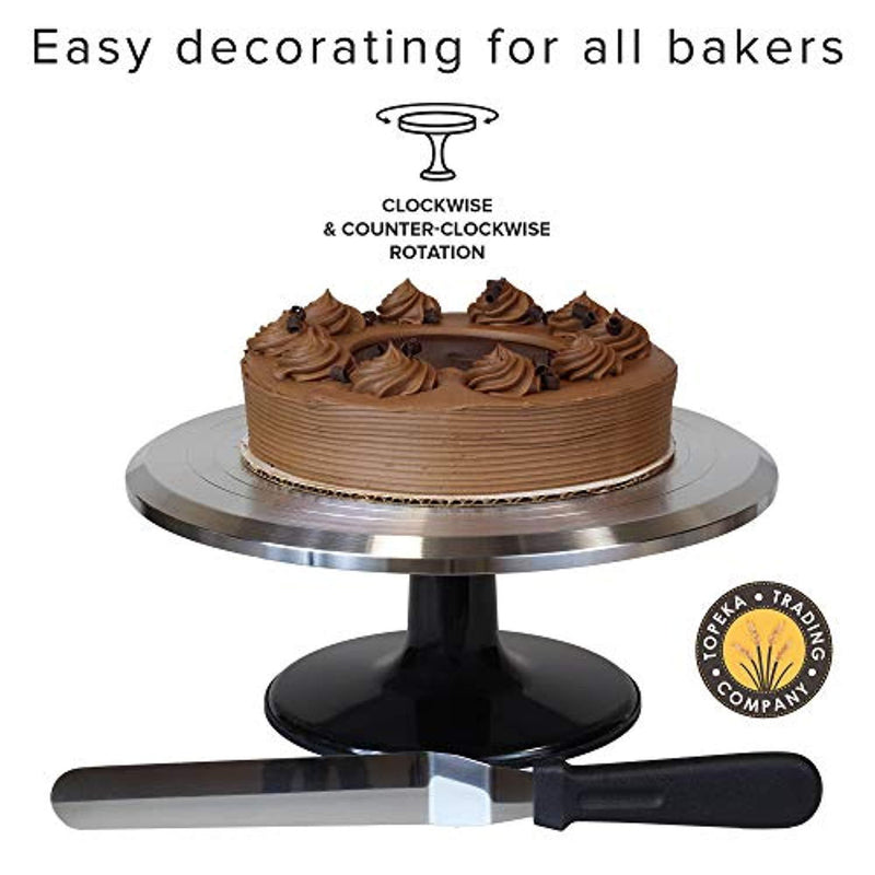 Topeka Trading Company Rotating Cake Decorating Turntable With Bonus Icing Spatula | 12" Diameter Aluminum Alloy Stand With Platform | Non-Slip Base & Smooth Rotation (Silver/Black)