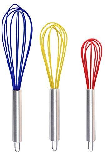 TEEVEA  Silicone Whisk, Balloon Whisk Set, Wire Whisk, Egg Frother, Milk and Egg Beater Blender - Kitchen Utensils for Blending, Whisking, Beating, Stirring, Set of 3, Red,Yellow, Blue