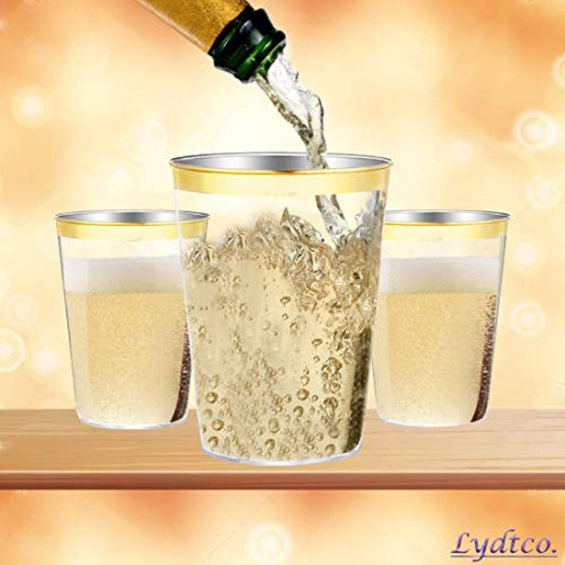 LydtCo. - 10oz Plastic Cups with Gold Rim | 100 pack| 10oz/300ml | For Weddings, Anniversaries, Birthdays, Special Events | Premium and Elegant | Wine, Juices, and other Beverages | BPA Free