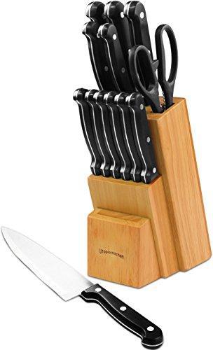 Knife Set with Wooden Block 13 Piece - Chef Knife, Bread Knife, Carving Knife, Utility Knife, Paring Knife, Steak Knife, and Scissors