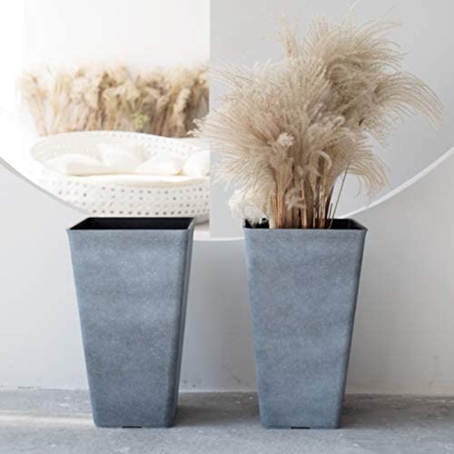 La Jolíe Muse Tall Planters 26 Inch Large Flower Pots Pack 2, Indoor and Outdoor Patio Deck Resin Rectangular Planters, Weathered Gray