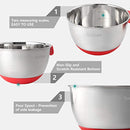 SveBake Mixing Bowls - Stainless Steel Mixing Bowl Set with Handles, Pour Spouts, Non-Slip Base and Graters, Set of 3, Red