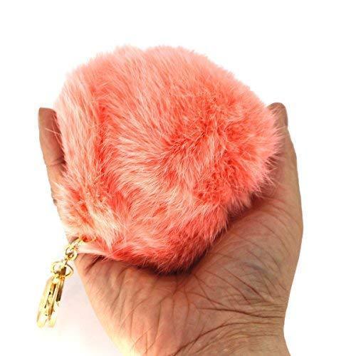 Miraclekoo Rabbit Fur Ball Pom Pom KeyChain Gold Plated Keychain with Plush for Car Key Ring or Handbag Bag Decoration (Orange Pink)