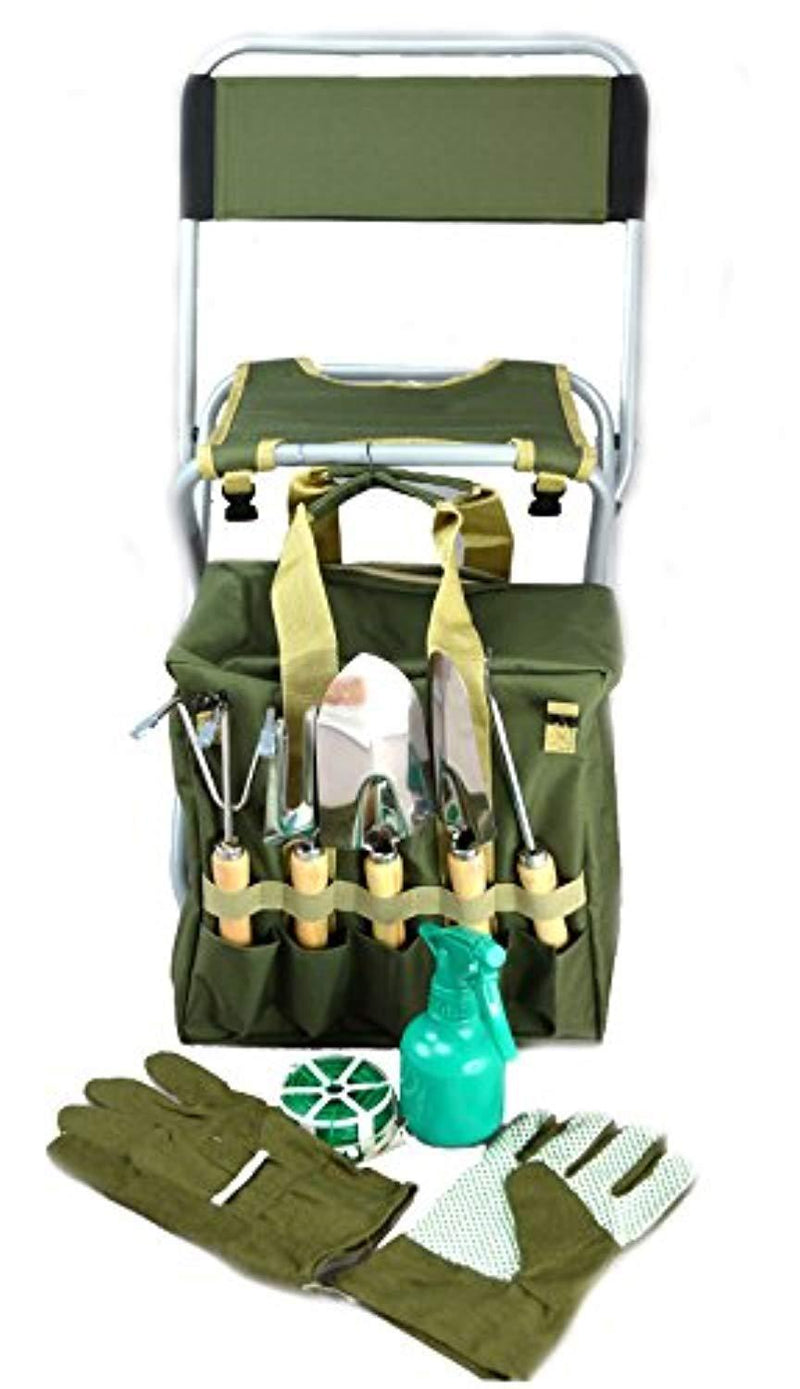 10-piece Gardening Tool Set with Zippered Detachable Tote and Folding Stool Seat with Backrest