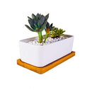 6.5 Inch Ceramic Rectangle Succulent Planter with Bamboo Saucer, Set of 2, White Modern Indoor Cactus/Flower Plant Pot with Drainage, Decoration for Desks/Bookshelves / Window Sills (A)