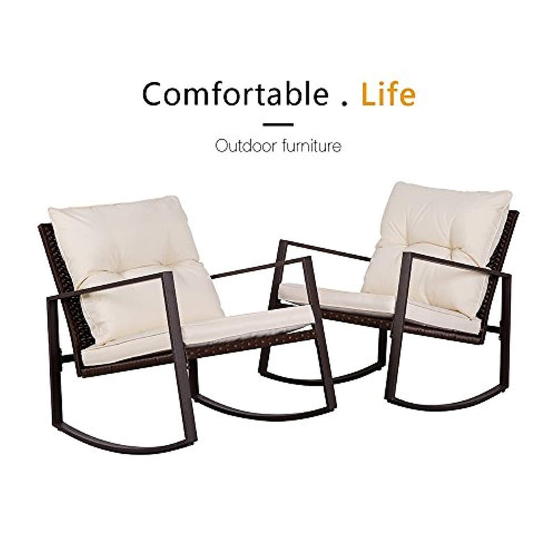 SUNCROWN Patio Rocking Chair Set, 3 Piece Brown Wicker Bistro Set Beige-White Cushion & Glass Coffee Table