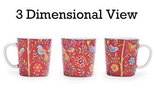 Bico Red Spring Birds Ceramic 18oz Mugs, Set of 4, for Coffee, Tea, Drinks, Microwave & Dishwasher Safe, House Warming Birthday Anniversary Gift