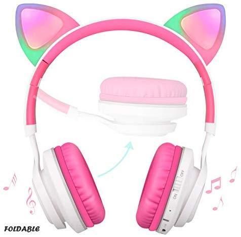 Bluetooth Headphones, Riwbox CT-7 Cat Ear LED Light Up Wireless Foldable Headphones Over Ear with Microphone and Volume Control for iPhone/iPad/Smartphones/Laptop/PC/TV (White&Pink)