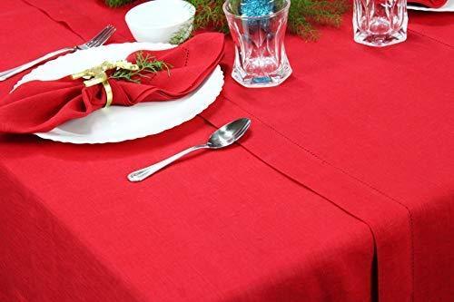 Cotton Craft 100% Linen Christmas Red Table Cloth -Size 60x120 Red Hand Crafted and Hand Stitched Table Cloth with Hemstitch detailing.