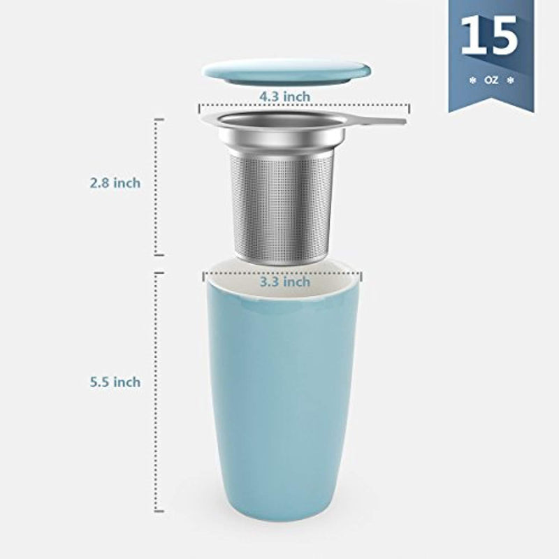 Sweese 2502 Porcelain Tea Infuser Mug - Double-Walled Insulated Cup with Deep Stainless Steel Infuser and Lid - 15oz, Turquoise