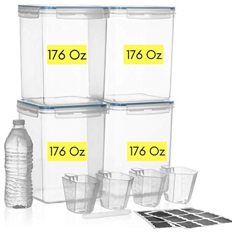 EXTRA LARGE WIDE & DEEP Food Storage Airtight Pantry Containers [Set of 4] 5.2L /176 oz + 4 Measuring Cup + 18 FREE Chalkboard labels and Marker Ideal for Sugar, Flour, Baking Supplies - Clear Plastic