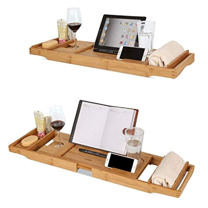 HOMFA Bamboo Bathtub Tray Bath Table Adjustable Caddy Tray with Extending Sides, Cellphone Tray and Wineglass Holder