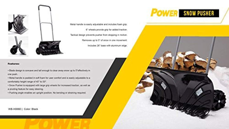 Power Heavy Duty Rolling Snow Pusher with 6” Pivot Wheels (Black Color)