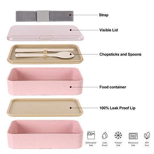 Buringer Lunch Bento Box Food Storage 2 Square Containers for Adults School Work Wheat Grass BPA Free Leak Proof with Chopsticks and Spoon (Long Khaki)