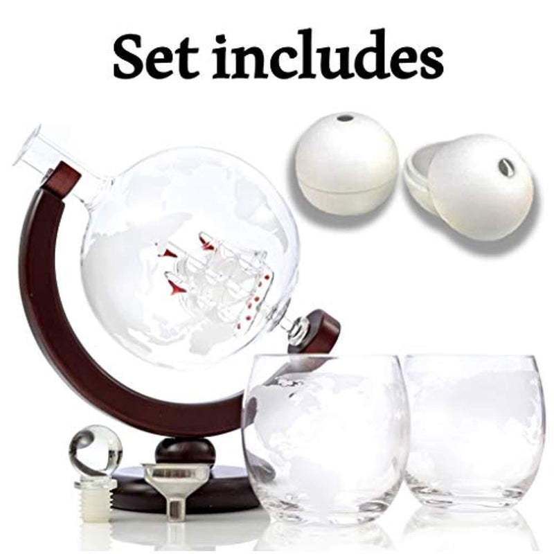 Whiskey Globe Decanter Set - 850 ml with Silicone Ice Molds & Two World Etched Whiskey Glasses (300ml) Wooden Base and Safe Package - Perfect Gift Set for Liquor, Scotch, Bourbon, Vodka and Wine