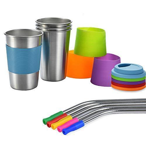 Kids Stainless Steel Cups 12 oz With Silicone Lids & Straw 5 Pack Drinking Tumblers for Adults, Children and Toddlers