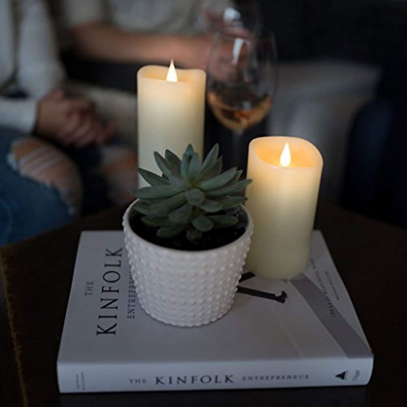 FLAMELESS CANDLES with Realistic Flickering Flame - Authentic Candle Light for a Relaxing, Beautiful home; Real Wax Pillar with Timer, Battery Operated LED, Unscented, Ivory White, 3x5"