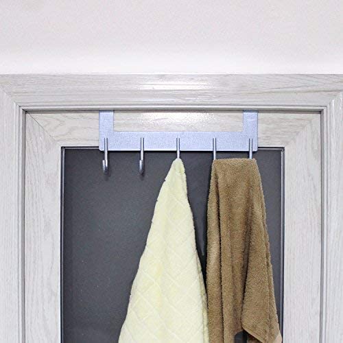 ACMETOP Over The Door Hook Hanger, Heavy-Duty Organizer for Coat, Towel, Bag, Robe - 5 Hooks, Aluminum, Brush Finish (Silver)