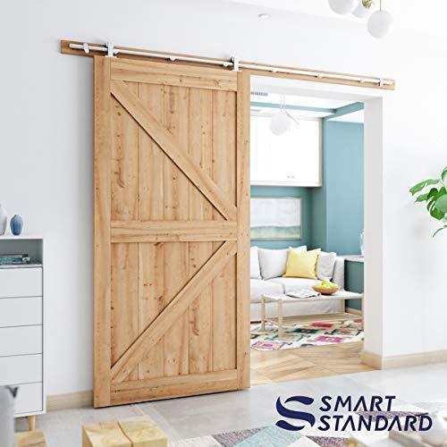 SMARTSTANDARD 8FT Top Mount Heavy Duty Sliding Barn Door Hardware Kit, Single Rail, Stainless Steel, Smoothly and Quietly, Simple and Easy to Install, Fit 42"-48" Wide DoorPanel (T Shape Hanger)