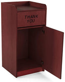 Displays2Go 36 Gallon Commercial Waste Bin, Top Tray Holder, Swinging Door, Graphic, Melamine - Special Mahogany (LCKDPZTRSM)