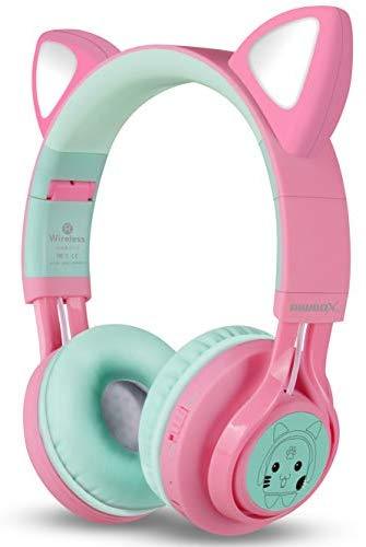 Bluetooth Headphones, Riwbox CT-7 Cat Ear LED Light Up Wireless Foldable Headphones Over Ear with Microphone and Volume Control for iPhone/iPad/Smartphones/Laptop/PC/TV (White&Pink)