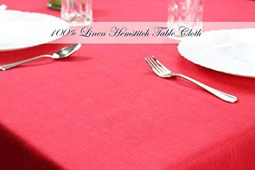 Cotton Craft 100% Linen Christmas Red Table Cloth -Size 60x120 Red Hand Crafted and Hand Stitched Table Cloth with Hemstitch detailing.