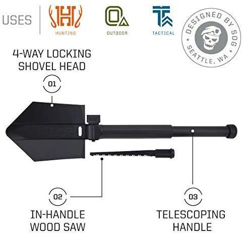 SOG Folding Shovel Survival Shovel – Entrenching Tool 18.25 Inch Foldable Shovel Camping Shovel w/ Wood Saw Edge and Tactical Shovel Carry Case (F08-N)