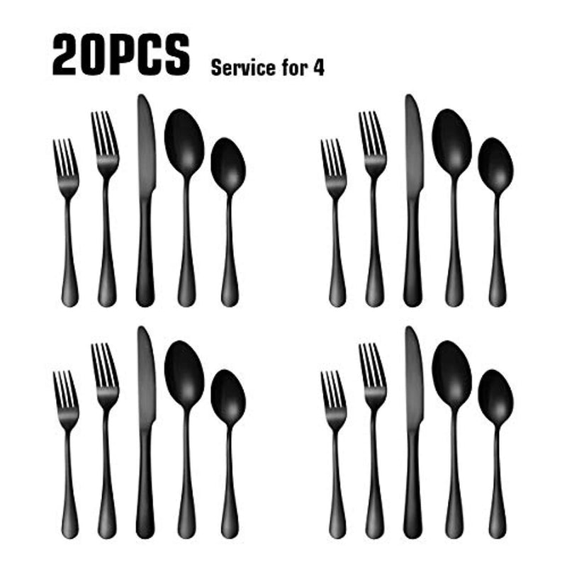 Black Silverware Set - 20 Pieces Black Flatware Set, Stainless Steel Cutlery Set Service for 4, Mirror Polished Tableware Utensil Set, Knives Forks Spoons for Home Kitchen Restaurant, Dishwasher Safe