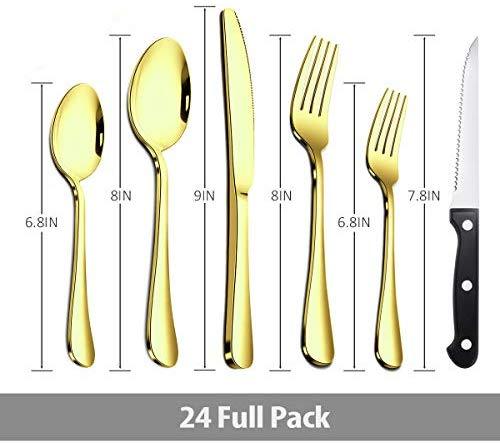 24 Piece Silverware Teivio  Set, Flatware Utensils Set Mirror Polished, Dishwasher Safe Service for 4, Include Knife/Fork/Spoon/Steak Knife/Wire Mesh Steel Cutlery Holder Storage Trays (Silver)