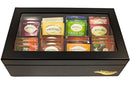 The Bamboo Leaf Wooden Tea Storage Chest Box with 8 Compartments and Glass Window (Black)