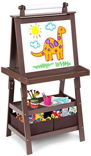 Evergreen Art Supply Kids Art Easel, 3 in 1 Double Durable Sided Art Easel with Chalk Board & Paper Roll, Two Storey Storage Space with Two Storage Bins