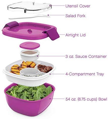 Bentgo Salad BPA-Free Lunch Container with Large 54-oz Salad Bowl, 3-Compartment Bento-Style Tray for Salad Toppings and Snacks, 3-oz Sauce Container for Dressings, and Built-In Reusable Fork (Purple)