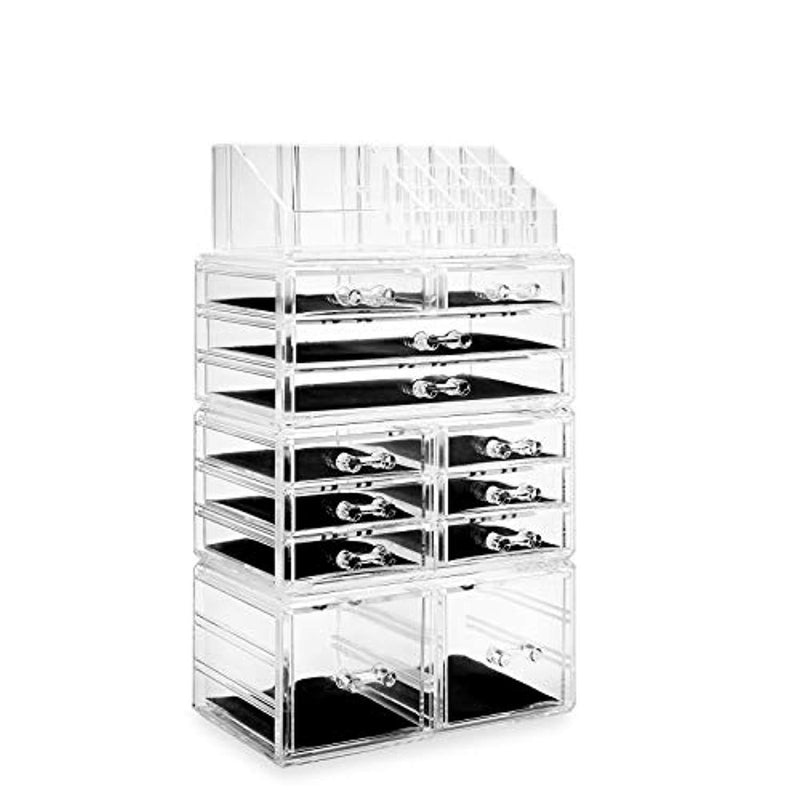 Casafield Acrylic Cosmetic Makeup Organizer & Jewelry Storage Display Case - Large 16 Slot, 2 Box & 10 Drawer Set - Clear