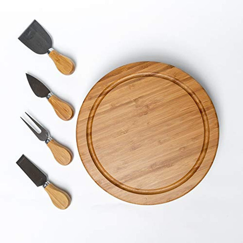 Bamboo Cheese Board with Cutlery Set - Bamboo Cheese Board Set with Slide Out Drawer - Bamboo Cheese Board and Knife Set (4 Cheese Knives Included) by blauKe