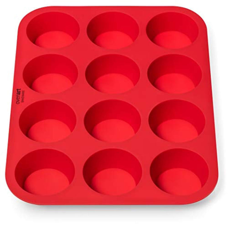 OvenArt Bakeware European LFGB Silicone Muffin Pan, 12-Cup, Red, 2-Pack