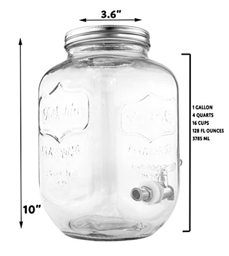 One Gallon Glass Mason Jar Beverage Dispenser w/Stainless Steel Spigot, Retro Yorkshire Style Jar, Clear Color