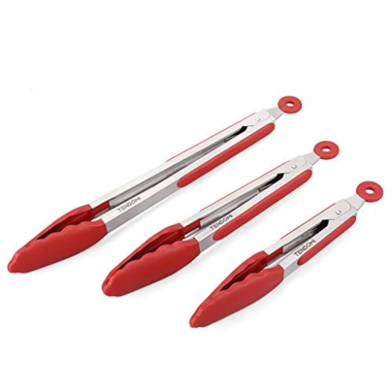 TENDOMI Kitchen Tongs - Set of 3 Non Scratch Tongs - Stainless Steel BBQ Tongs with Silicone Tips and Locking Clip,Non-Slip 7, 9, 12 Inch Salad Tongs for Cooking Serving Grilling and Barbecue,Red