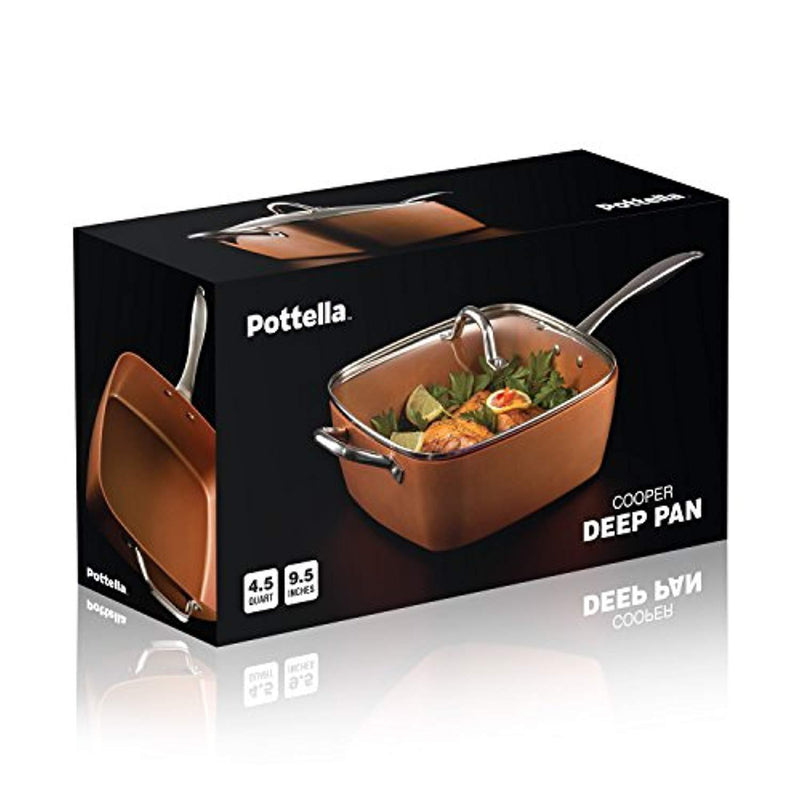 Pottella Deep Square 9.5” Nonstick Copper Pan Chef 5 Piece Set Frying Basket, Steamer Tray with Bonus World Cuisine Cookbook