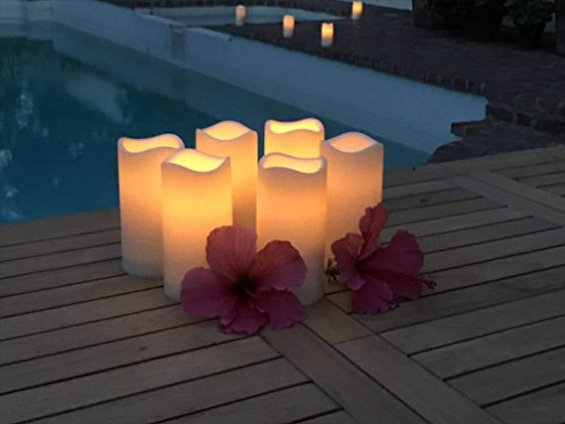 Set of 6 Outdoor 3x6 Waterproof Resin Candles with Timer and Remote and C Batteries Included