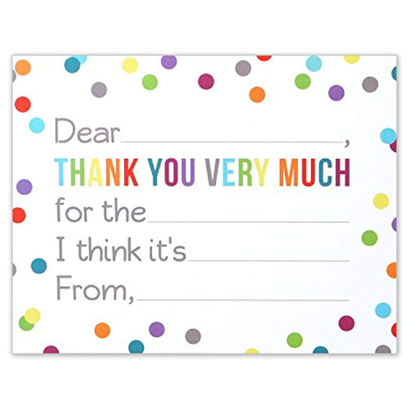 Fill in the Blank Thank You Notes for Kids - Confetti Polka Dot Flat Card and Envelopes - 4.25 X 5.5 Inches - Pack of 15