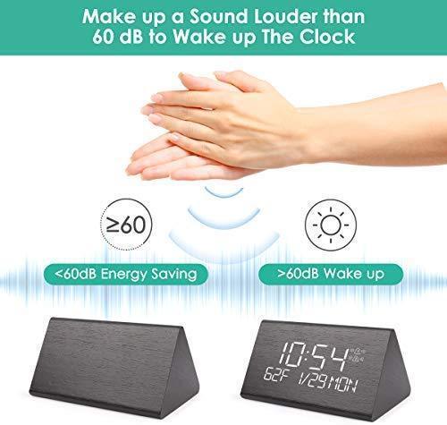 Reloj despertador digital de madera con 7 niveles de brillo ajustable, mando de voz eléctrico LED de viaje, reloj despertador triangular...