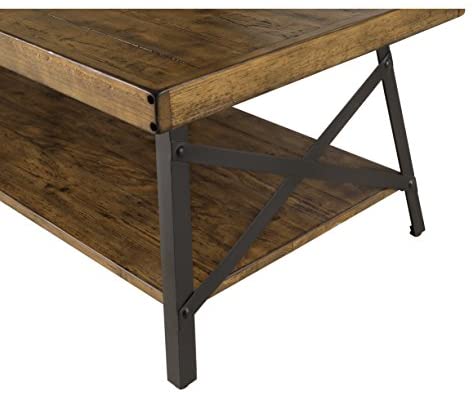 Emerald Home Chandler Rustic Wood End Table with Solid Wood Top, Metal Base, And Open Storage Shelf