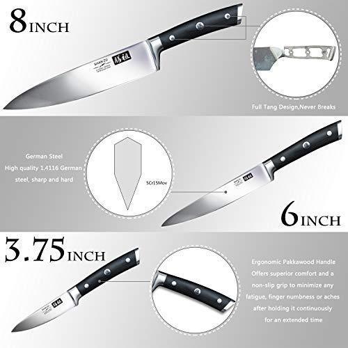 SHAN ZU Chef Knife Paring Fruit Knife Utility Knives Set 3 piece Cutlery Kitchen Cooking Chef Knives Professional Ultra Sharp German Stainless Steel Blade for Home Restaurant Travel