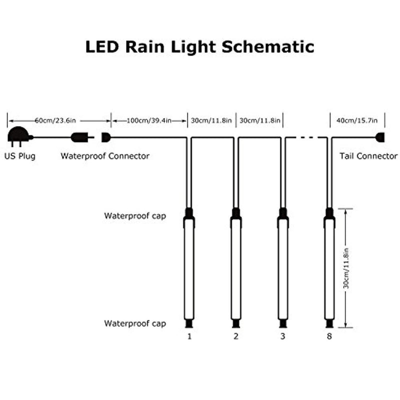 LED Meteor Shower Rain Lights, LED Falling Rain Drop Raindrop Rainfall Snowfall Tube Lights (8 Tubes, 30cm, 144 LEDs, Blue)