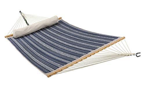 Patio Watcher 11 Feet Quilted Fabric Hammock with Pillow, Double Hammock with Bamboo Wood Spreader Bars, Perfect for Outdoor Patio Yard, Dark Blue