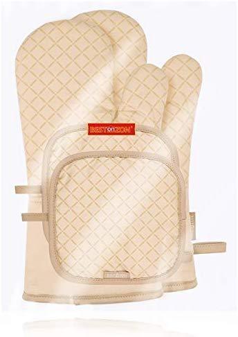 KeShi Kitchen Oven Mitts Set, Oven Mitts and Pot Holders, Heat Resistant with Quilted Cotton Lining, Non-Slip Surface 4 Pieces for Cooking, Baking, Grilling, Barbecue (Gray)