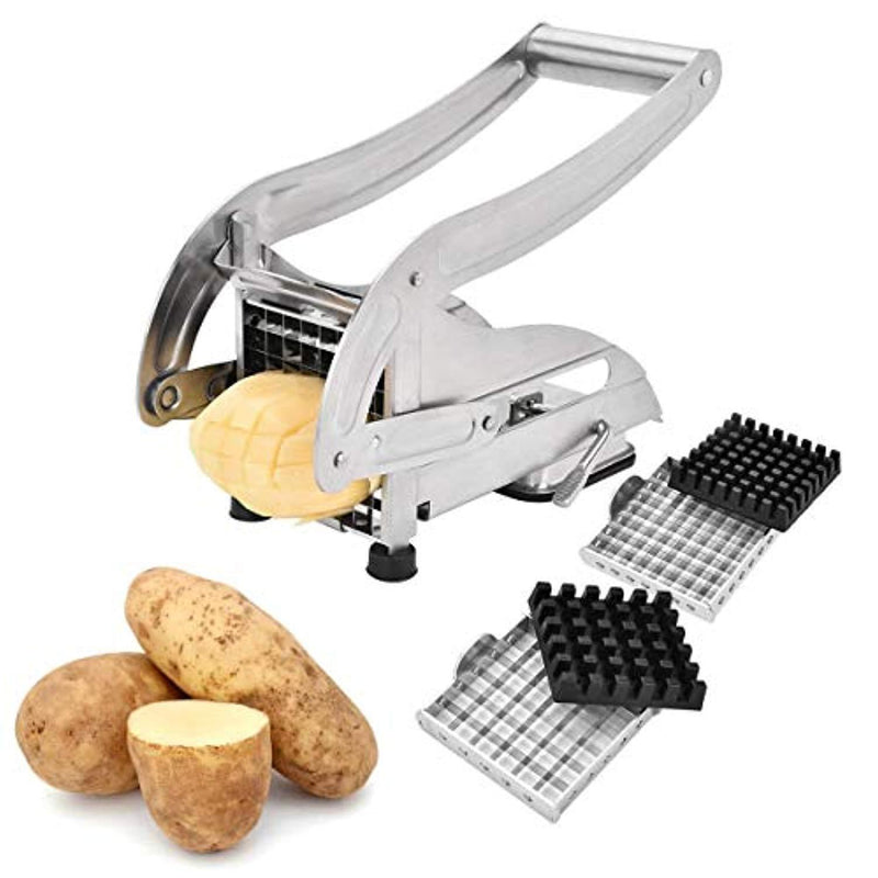 French Fry Cutter, Sopito Stainless Steel Potato Slicer Vegetables Fruit Chopper and Dicer with 2 Size Interchangeable Blades and Strong-Hold Suction Pads for Potatoes, Veggie Sticks