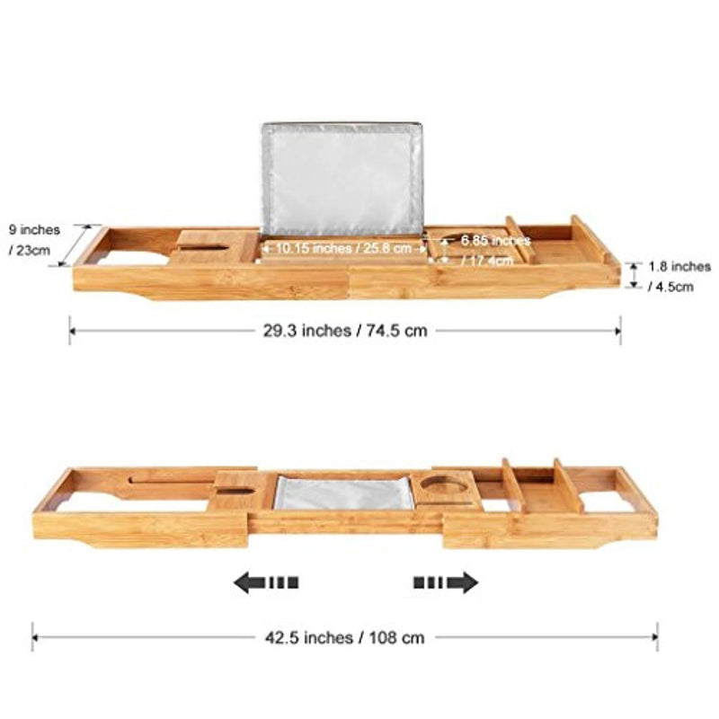 Bamboo Bathtub Caddy Tray with Extending Sides Mug/Wineglass/Smartphone Holder, Metal Frame Book/Pad/Tablet Holder with Waterproof Cloth Detachable Sliding Tray Non-Slip Rubber Base by LANGRIA