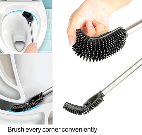 COSTOM Toilet Brush with Holder for Bathroom Cleaning, Stainless Steel Toilet Bowl Brush with TPR Soft Brush Head, Compact Design, Black-Grey Color