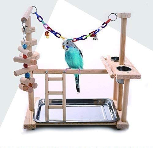 QBLEEV Parrot Playstand Bird Play Stand Cockatiel Playground Wood Perch Gym Playpen Ladder with Feeder Cups Toys Exercise Play (Include a Tray)